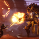 A screenshot from Destiny 2 showing a massive boss shooting at a tiny lone Guardian.